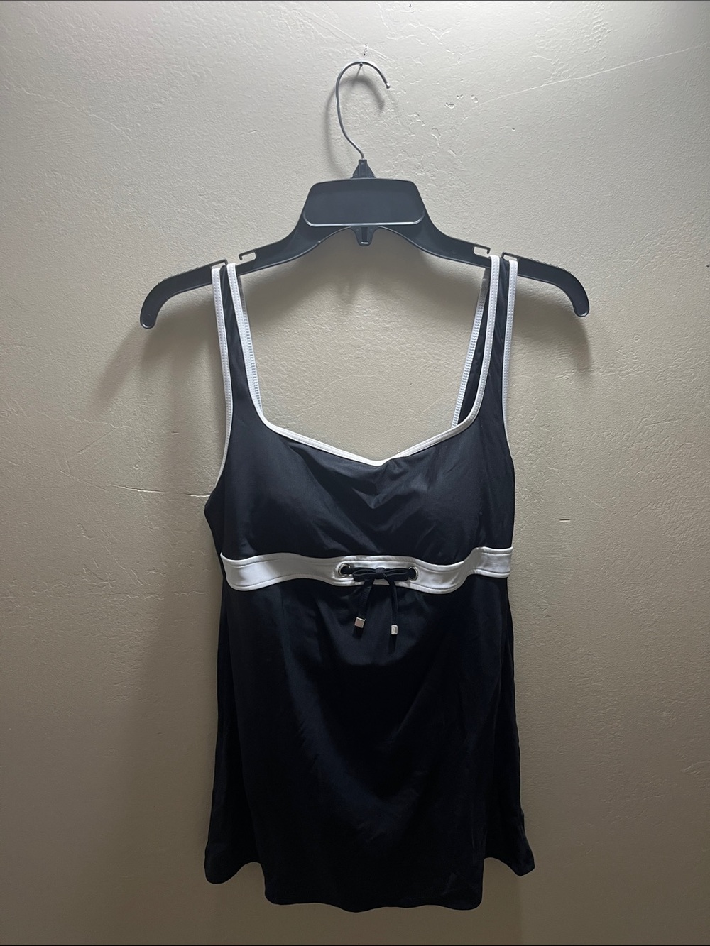 Black One-Piece Tankini with White Trim and Drawstring Waist